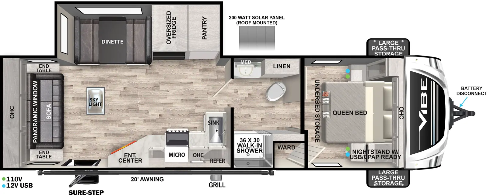 The Vibe West 26RL floorplan has one entry and one slide out. Exterior features include: fiberglass exterior, 20' awning and outside kitchen. Interiors features include: front bedroom, rear living and pass through bathroom.